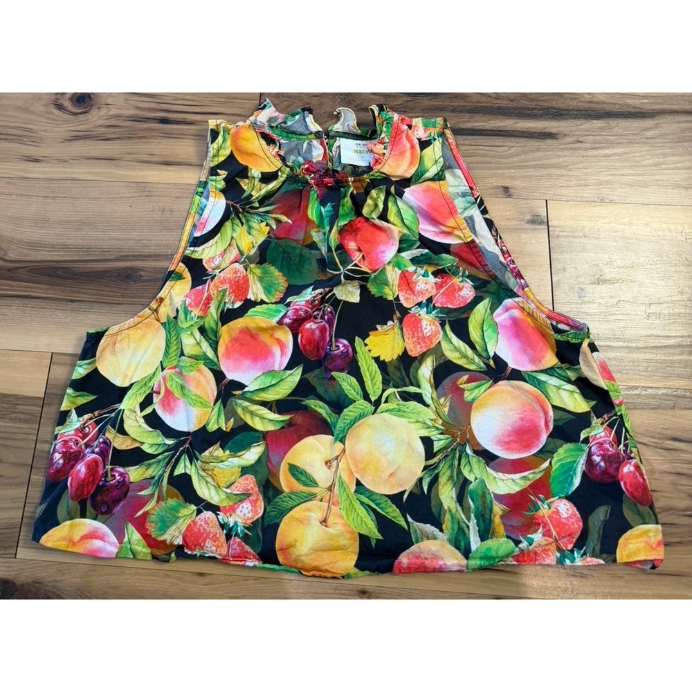 Maeve Anthropologie Womens L Fruit Print Sleeveless Top Peach Cherry Ruffle Neck